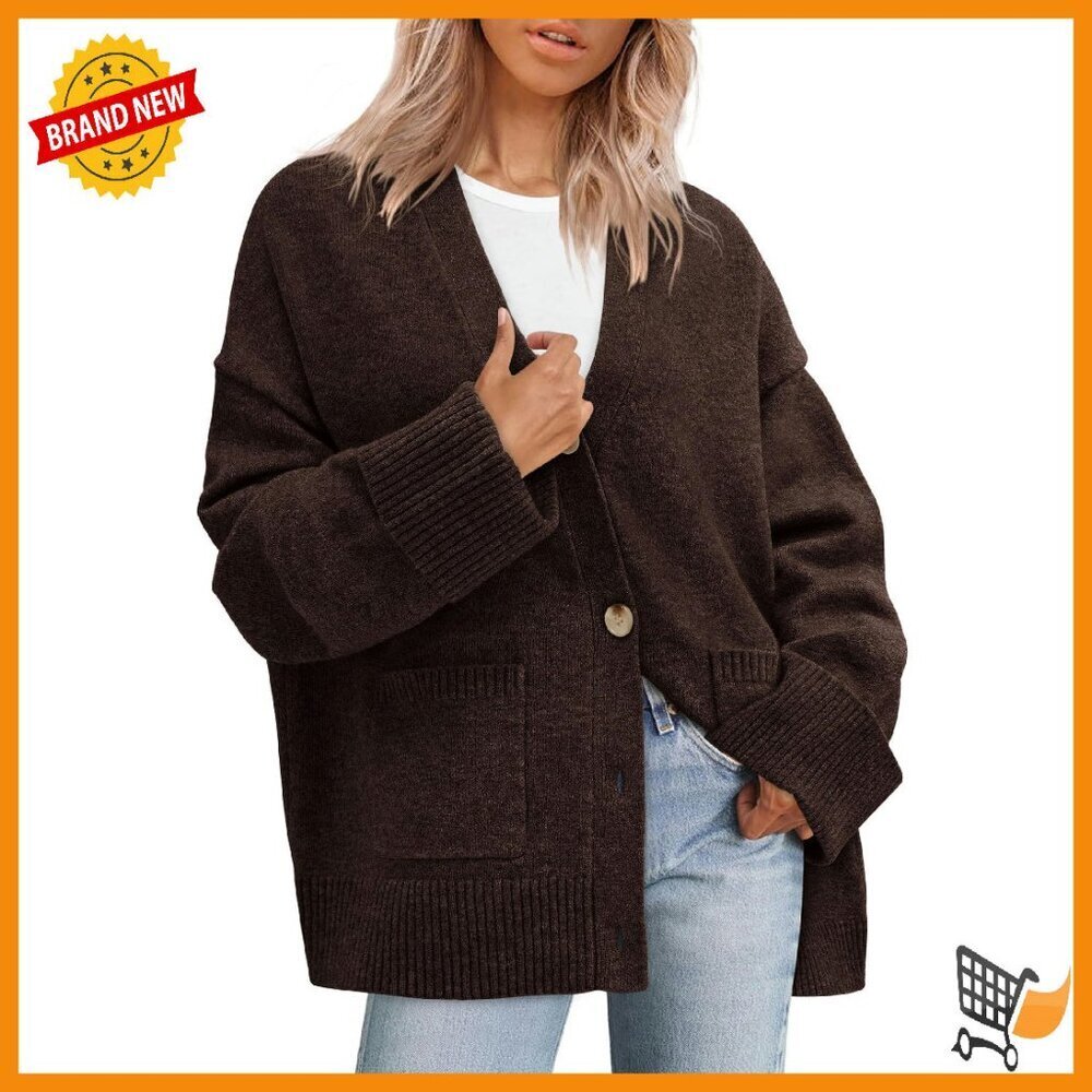 Oversized Chunky Knit Cardigan V-Neck Button Down Pockets